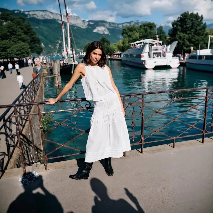 

Sweet Lace Trim Splice Svel Vest Accordion Pleat f Skirt Spring Summer New Sle Women's Faion Set Casual Cotton B...