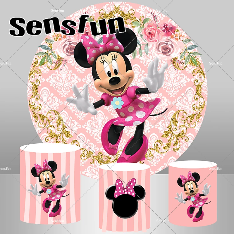 

Круглый фон с изображением Минни Маус Диснея, розовые цветы, золотая рамка для девочек, детский душ, фон для дня рождения, плинтусные чехлы