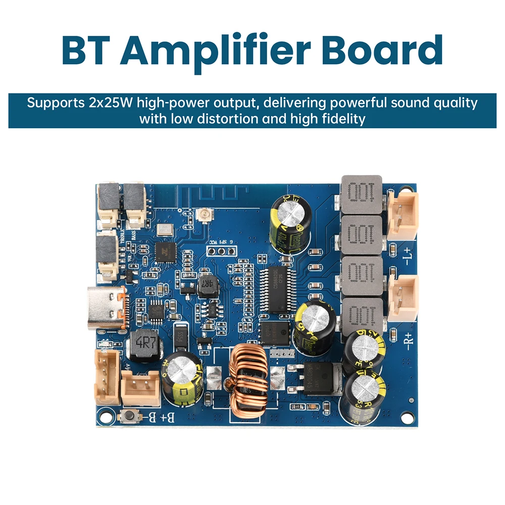DC 6.6–8.4V Bluetooth Amplifier Board 2×25W Bluetooth Amplifier Module Supports Audio Tuning and Integrated Charging Type-C Port