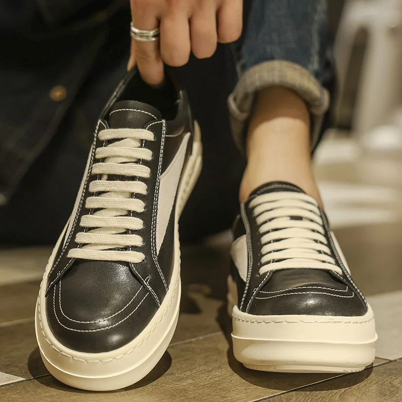 

New Men Genuine Leather Casual Shoes Fashion Thick-soled Flat Skate Shoes Sports Casual Shoes Retro Fashion Shoes