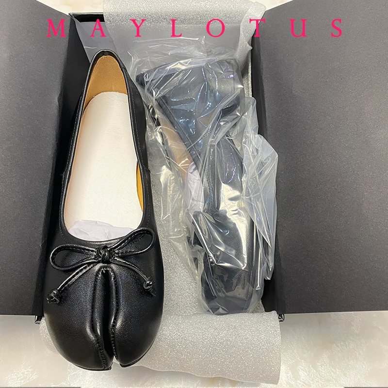 Split Toe 3cm Heel Tabi  Shoes Slip On Leather Comfy Shoes Soft Bottom solid Ladies Moccasins with Bowknot image 5