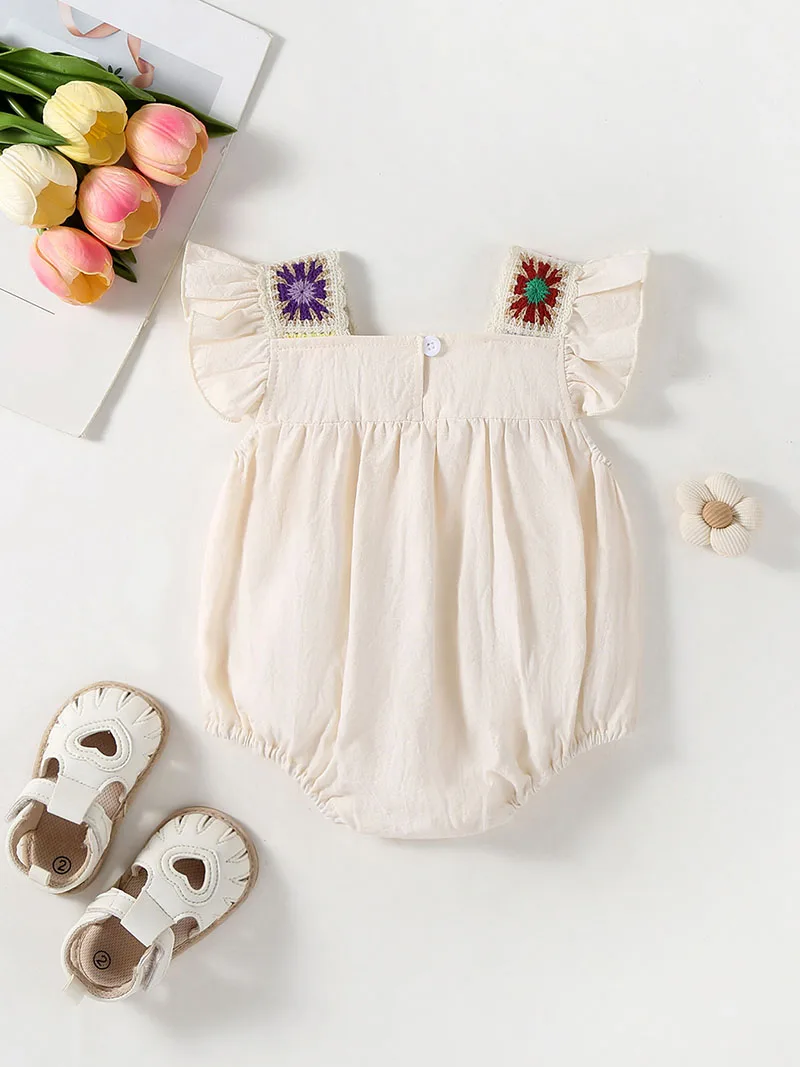 LILIGRL 2025 New Spring Girls Bodysuit Baby Cute Weaving Flower Ethnic Style One Piece Baby Girl Flutter Sleeve Onesie
