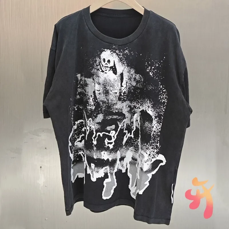 Vinatge Washed Slogan Cotton RRR123 Short Sleeve Splashing Ink Graffiti Soul Skeleton Casual Street Men Women Loose Tshirts