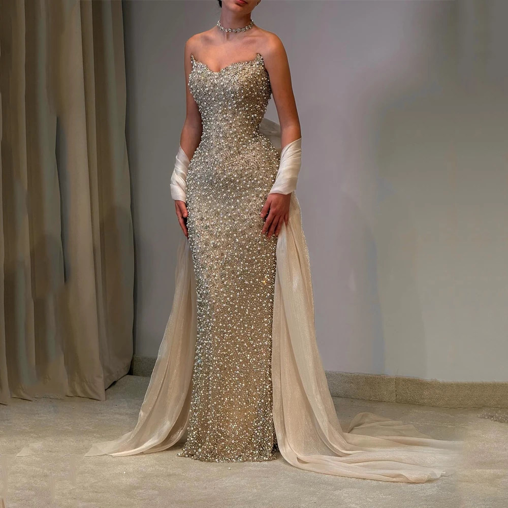 

Beaded Shiny Evening Dresses Mermaid Crystals Sleeveless Luxury Birthday Dress 2026 Ribbons Pearls Robe De Soiree Customized