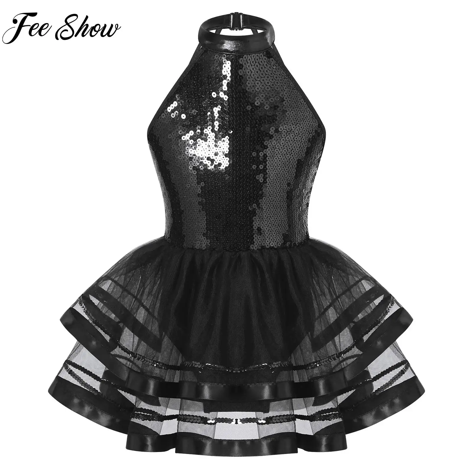 

Kids Girls Sleeveless Ballet Tutu Gymnastics Leotards Dancewear Sequins Hollow Back Tutu Mesh Dance Dress Party Performance Wear