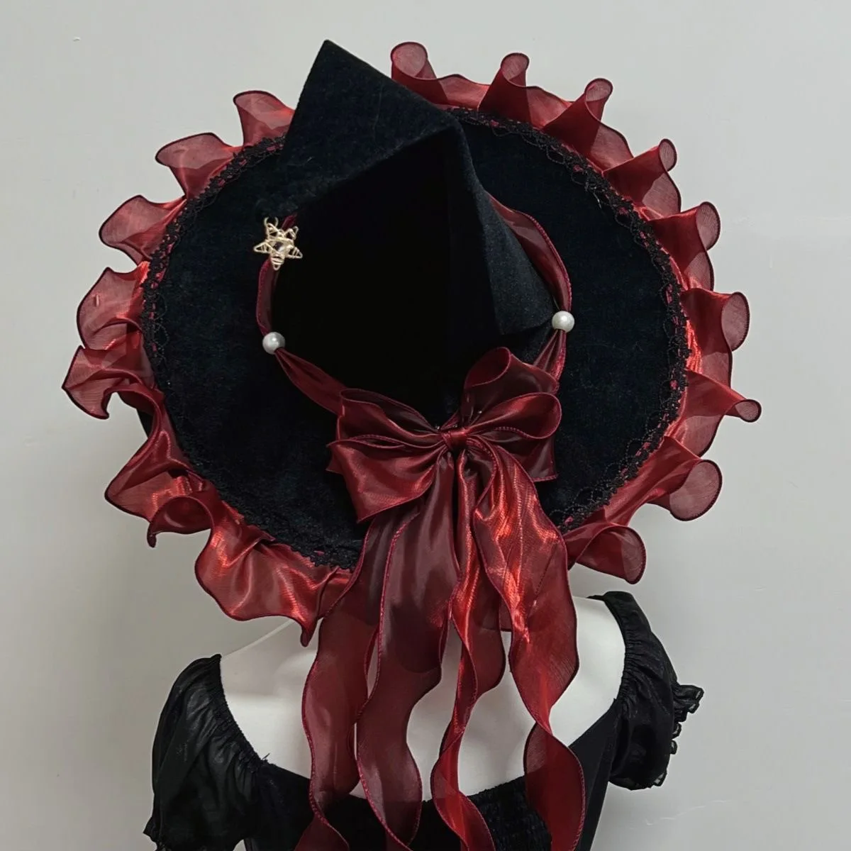 수제 로리타 블랙 할로윈 마녀 레이 시보넷 BNT 모자 별 모양 실 리본 레이스 보우 BNT 헤드기어 여성 헤어 액세서리 소녀용