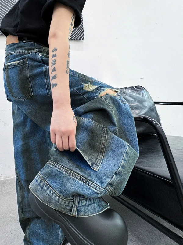 

Retro American High Street Wide Leg Jeans Design Sense Hole Dirtiness Pants Trendy Floor-Length Trousers Casual Jeans