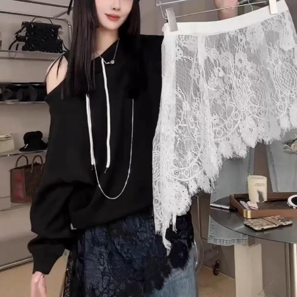 

New Embroidered Lace Skirt Y2K Streetwear See Through Hollow Out Skirt Harajuku High Waist Layering Skirt Jeans Decoration