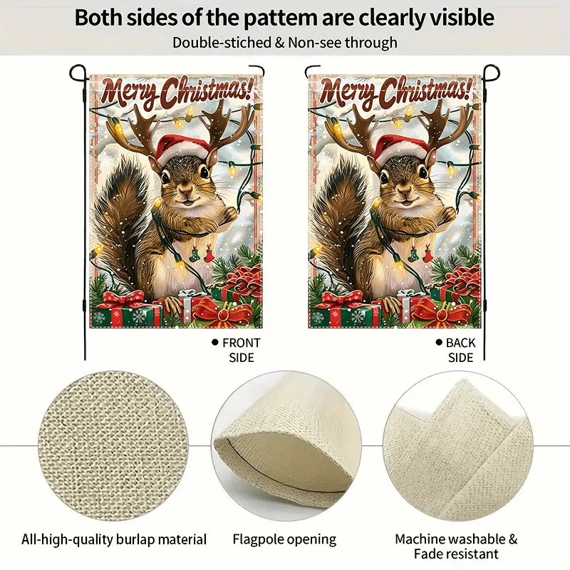 1pc 12x18inch Waterproof Burlap Rustic Christmas Squirrel Garden Flag, Double-Sided, Polyester, Outdoor Yard Lawn Decor