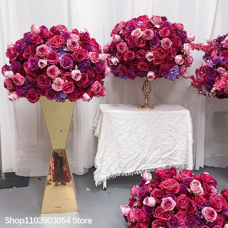 Knallrosa Künstlicher Blumenball-Kranz für Hochzeitskulissen, Lila Rosen-Dekoration für Veranstaltungen, Bühnen, Gangwege und Boden-Blumenrequisiten – Detail 5