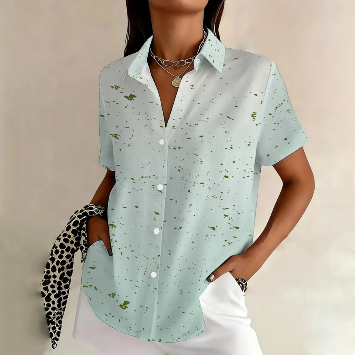 

Simple and personalized ink dyed printed summer women's plus size lapel short sleeved shirt, fashionable daily versatile top