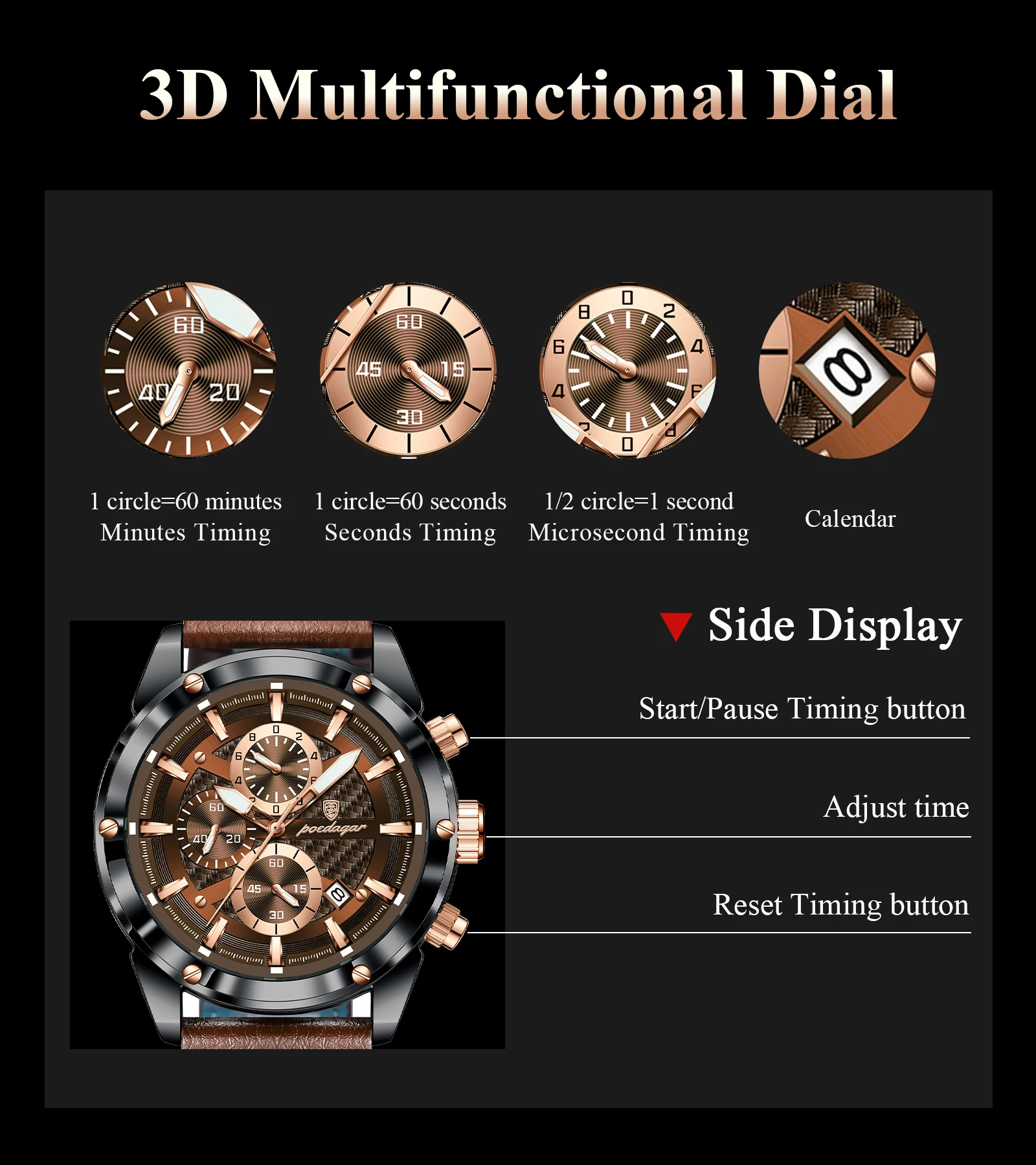 POEDAGAR High Quality Quartz Man Clock Waterproof Luminous Chronograph Date Men Wristwatch Leather Luxury Business Men's Watches