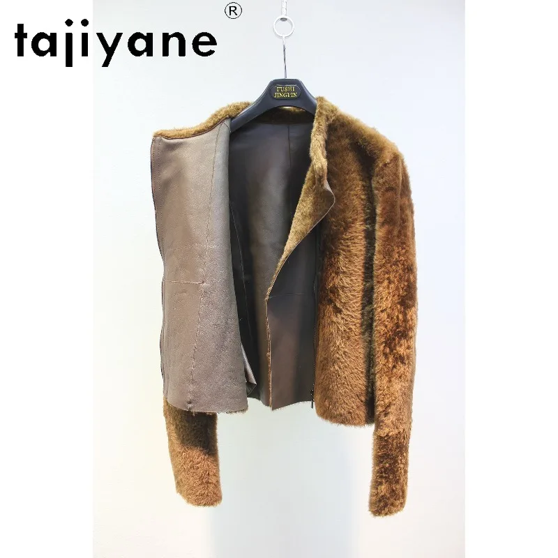 TAJIYANE Turkish Baby Lacon Shearling Real Fur Coat Women Biker Fur Jacket Furry Outerwear Stand Collar Overcoat Zipper Casacos