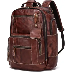 LANNSYNE Full Grain Leather Backpack For Men Fits 16" Laptop Coffee