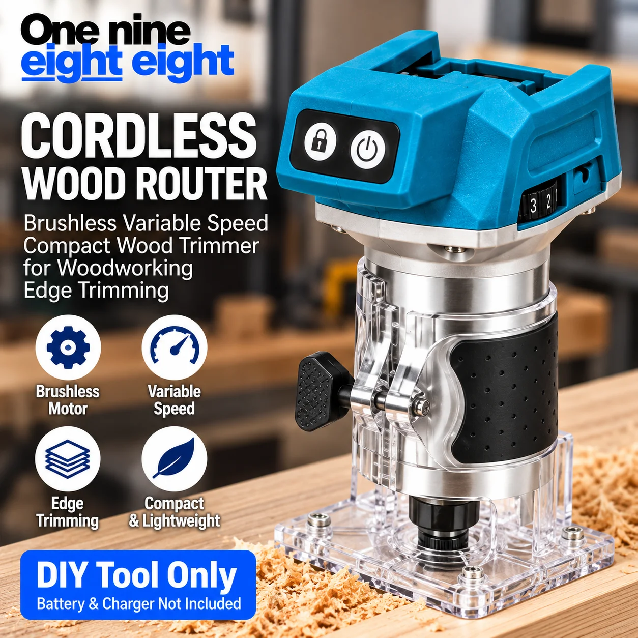 One Nine Eight Eight Cordless Wood Router Brushless Variable Speed Compact Wood Trimmer for Woodworking Edge Trimming DIY Tool O