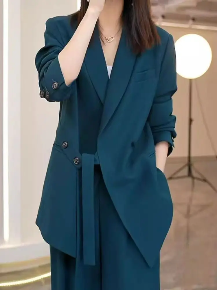 

Свободный комплект из двух предметов: брюки с широкими штанинами и топ с длинными рукавами, корейский стиль, высокая талия, большие размеры, для весны и осени, омолаживающий эффект