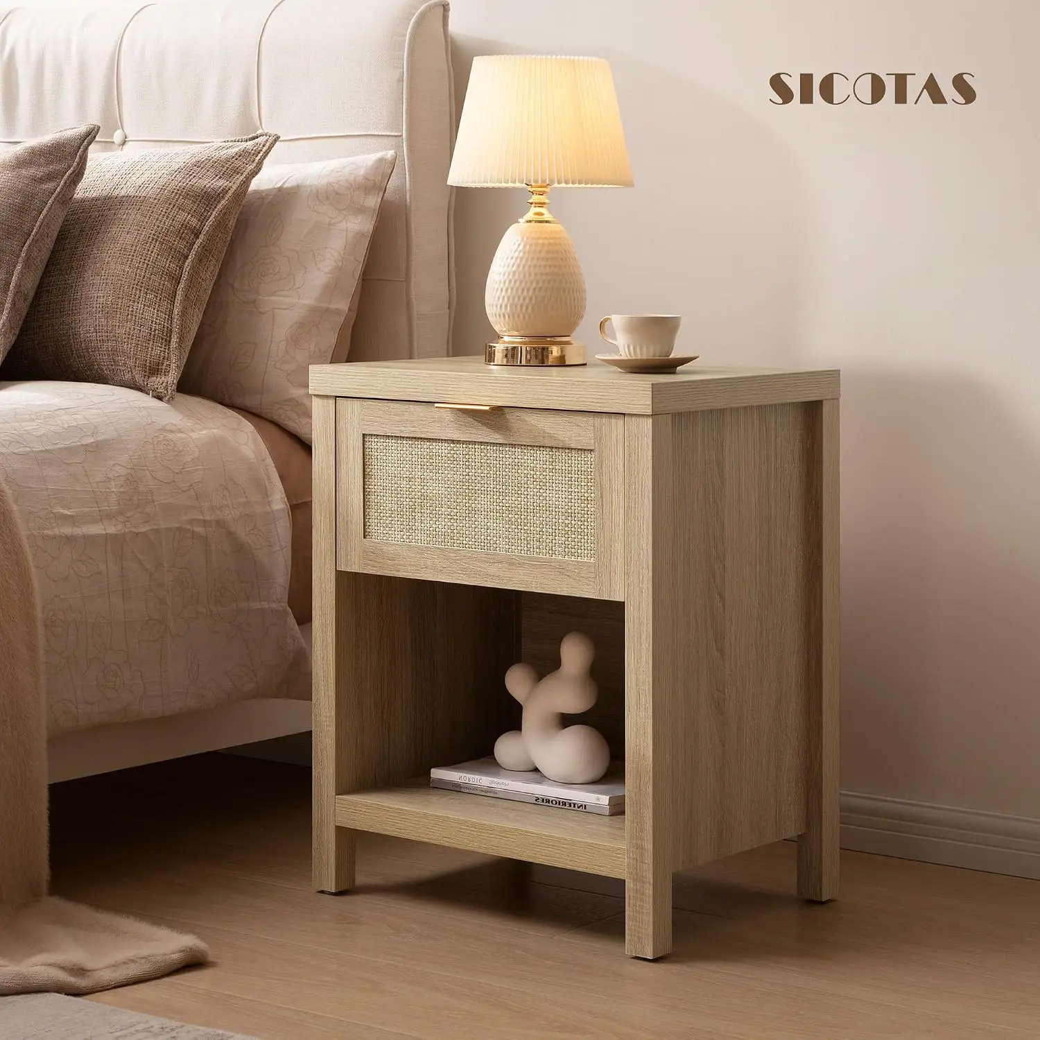 Detailed view of synthetic rattan drawer pattern on light oak nightstand