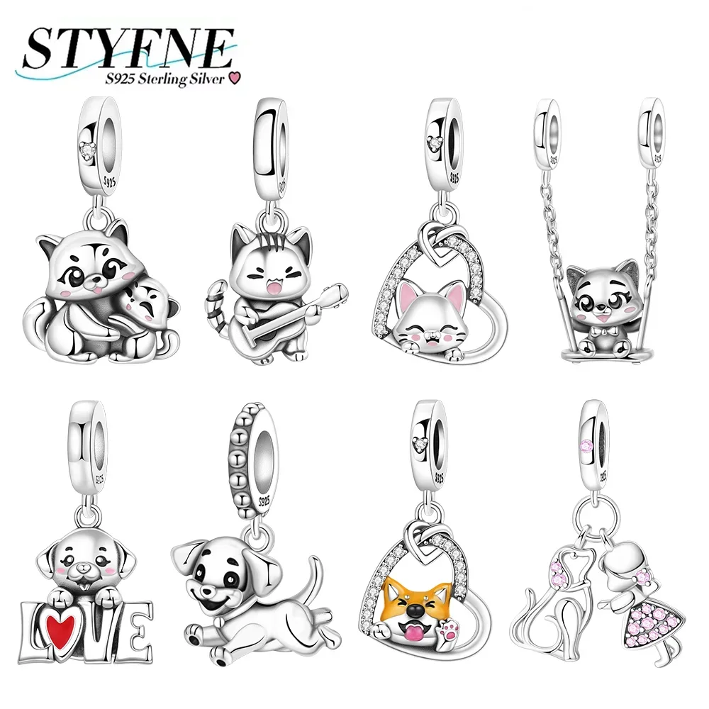 

925 Silver Cute Pet Series Charms Swinging Kitten Singing Cat Running Puppy Beads Pendant Fit Diy Original Bracelet Jewelry Gift