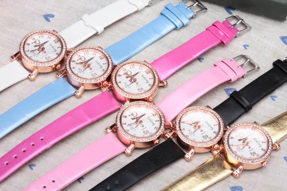 Ladies Watches Top Luxury Brand GoGoey Crystal Eiffel Tower PARIS Designer Character Clock Women Leather Quartz Wrist Watch