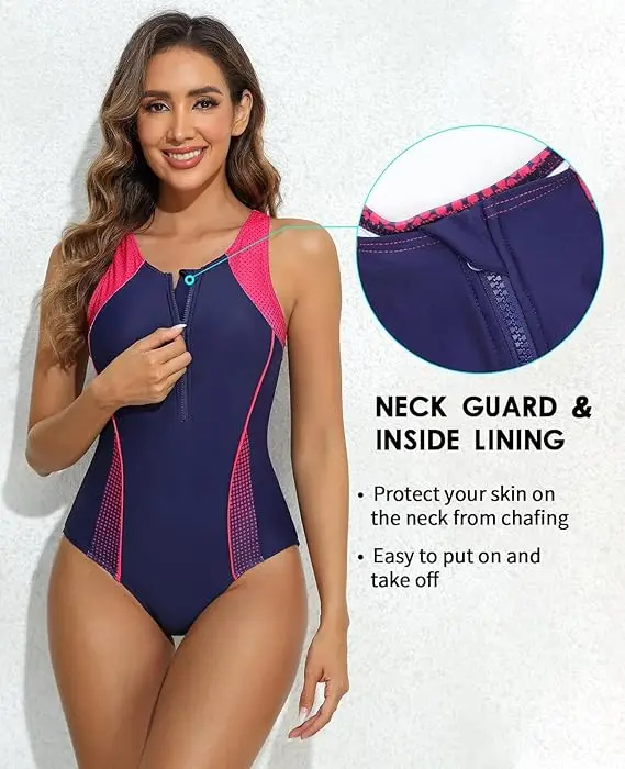 Anfilia Women One-piece Sports Swimsuit Front Zipper Design Color Block Quick Dry Swimwear Racerback Sewn-in Bra Bathing Suit