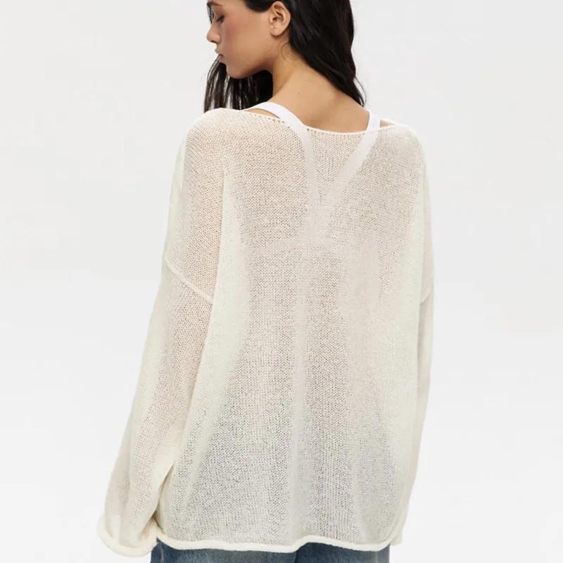 Chic Loose Sweater Summer Autumn O-Neck Hollow Knitted T-Shirt Cozy Pullover Long Sleeve Women Top Tees Transparent Sweaters