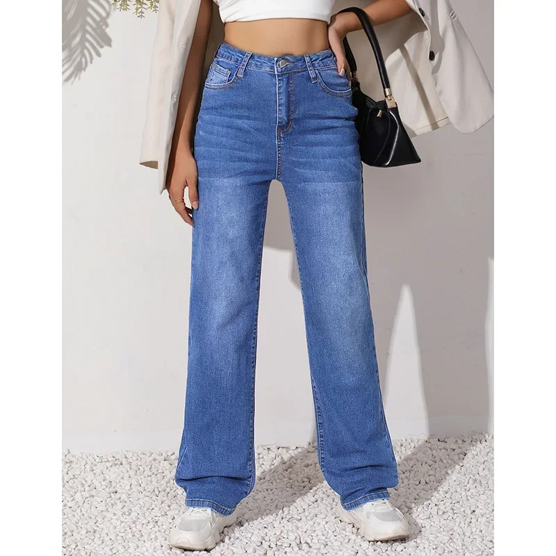 

Женские классические повседневные джинсы с высокой талией, женские удобные прямые джинсовые брюки для девочек, облегающие повседневные длинные брюки