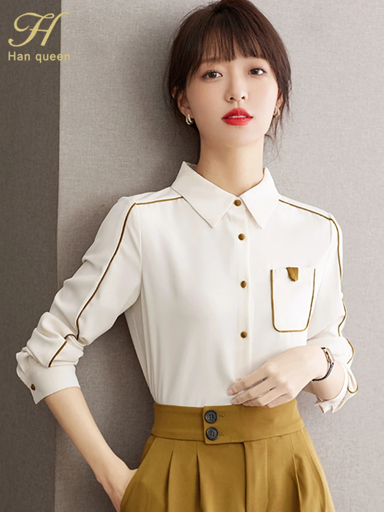 H Han Queen 2023 New Arrival Shirt Women\'s Blouse Vintage Work Casual Tops Chiffon Blouse Elegant Loose Pocket Business Shirts