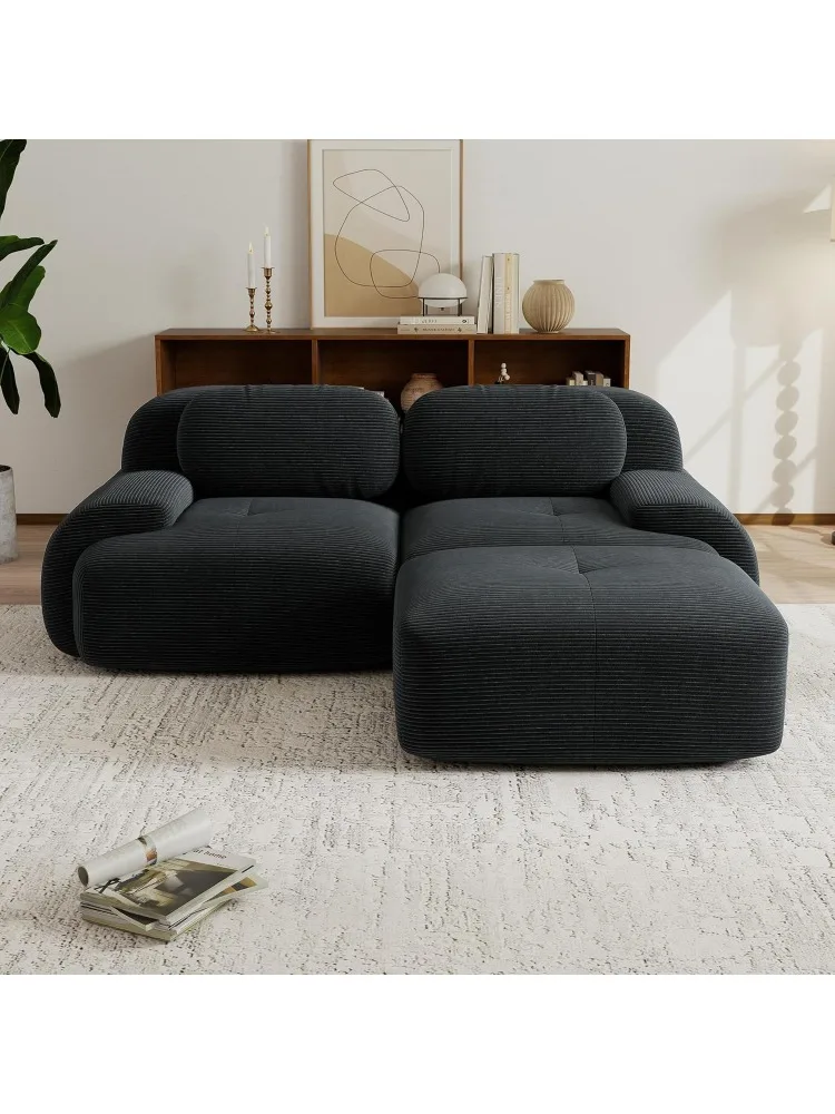 

Секционный двухместный диван с глубоким сиденьем, 81 дюйм, с пуфиком и поясничной опорой — без сборки, вельветовая ткань, черный — для гостиной R