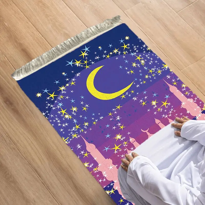 VIKAMA Purple Blue Star Moon Ancient City Arch Prayer Carpet, Wear-Resistant & Soft, Comfortable Kneeling Mat for Salah