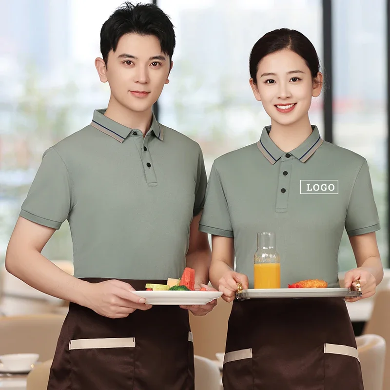 Personalized Uniform for Waiter Men Women Food Service Restaurant Hotel Bar Work Polo Shirt Summer Cotton Lapel Short Shirt Logo