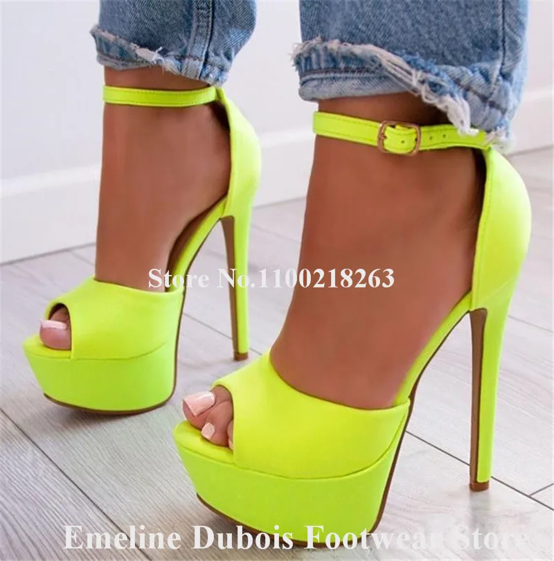 Rose Pink Platform Sandals Emeline Dubois Peep Toe Suede Leather Stiletto Heel Dress Shoes Neon Yellow Ankle Strap High Heels