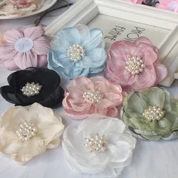 5PCS/Lot 7.5CM Handmade Beads Center Organza Chiffon Fabric Artificial Fake Flower Wedding Dress Hats Headband Decoration
