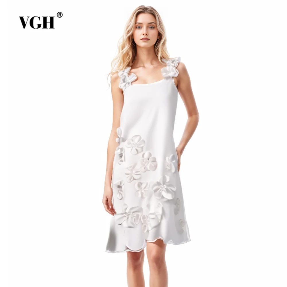 

VGH Patchwork Appliques Elegant Camisole Dresses For Women Square Collar Sleeveless Backless High Waist Slimming Dress Female