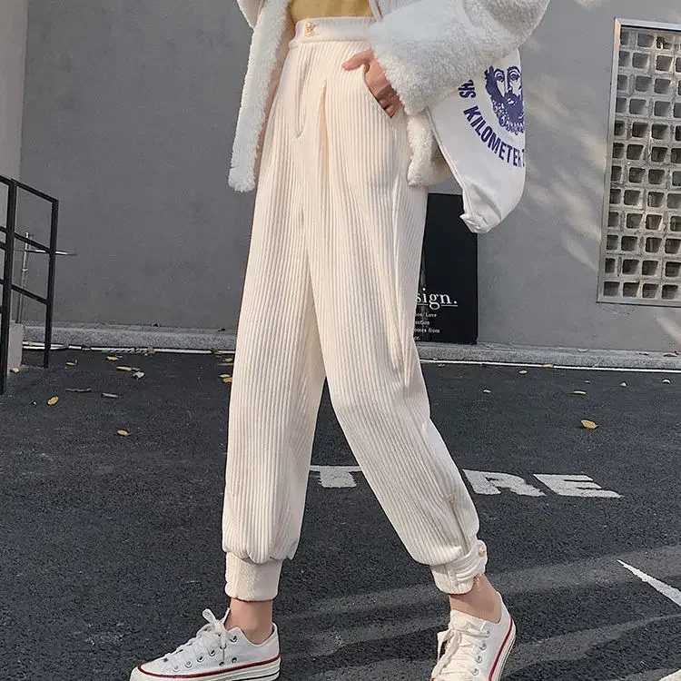 Spring Autumn Corduroy Pants Women's Loose-Fit Harem Trousers Versatile Slimming Straight-Leg High-Waisted Casual Trousers