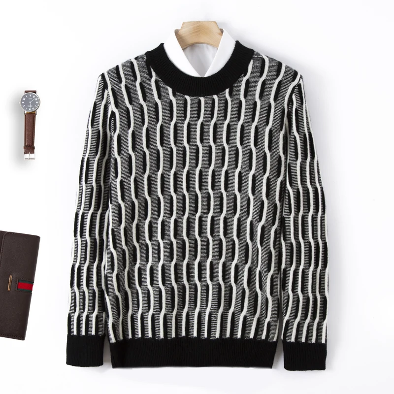 Autumn And Winter New 100% Pure Wool Men's Padded Round Neck Sweater Plaid Jacquard Men's Contrast Knitted Bottoming Shirt