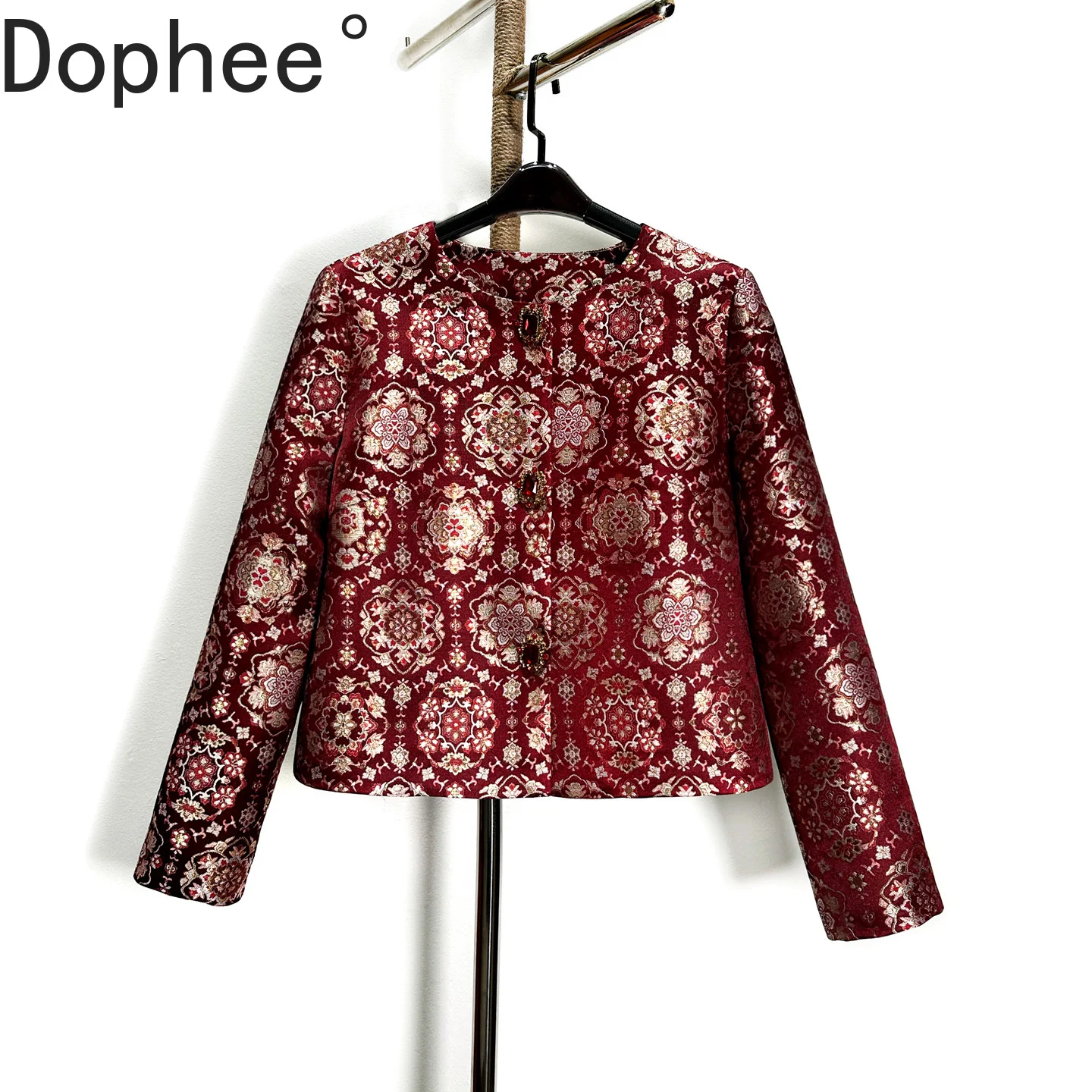 

Красная жаккардовая куртка высокого качества с длинными рукавами, универсальные осенние короткие кардиганы, топ, роскошные однобортные женские пальто с бриллиантами