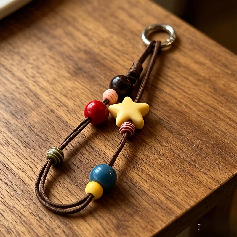 

Retro Colorful Bead Star Keychain Handmade Woven Bag Pendant Cute Versatile Car Key Pendant Gift for Bestie