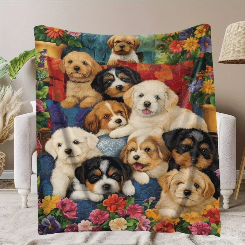 Cozy Dog & Floral Print Flannel Blanket - Soft Warm Throw for Naps Camping Travel | Perfect Gift for Pet Lovers Friends & Family