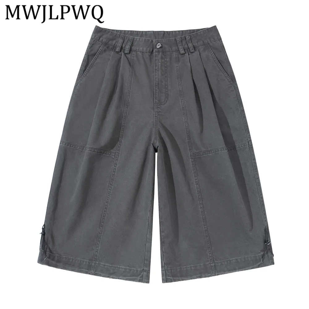MWJLPWQ High Street Vintage Distressed Loose-Fit Men's Pants Trendy Workwear Double Pleated Design Casual Wide-Leg Shorts 14654