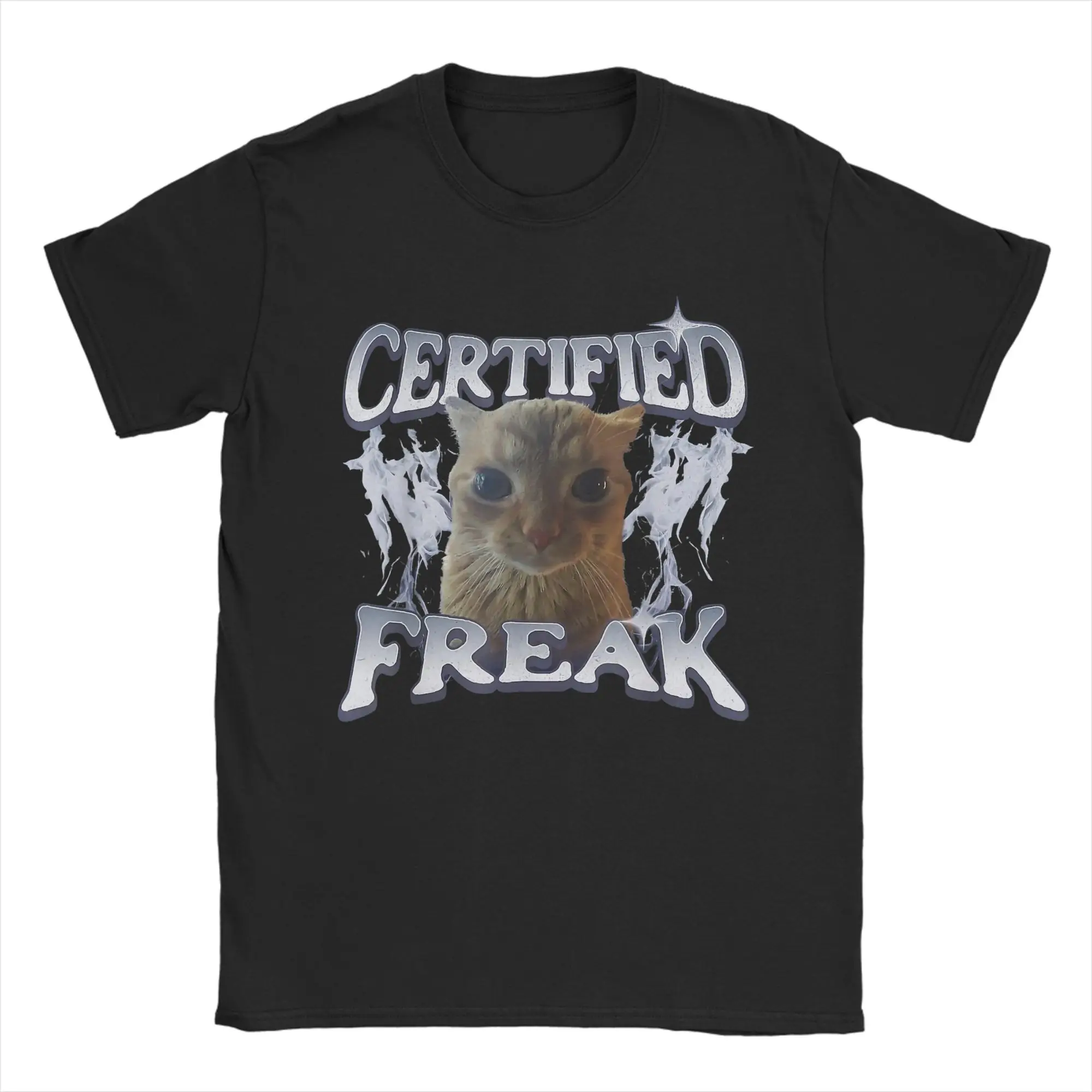 Men's T-Shirt Certified Freak Orange Tabby Cat Big Eyes Meme Crazy 100% Cotton Tee Shirt T Shirts Round Neck Clothes Plus Size