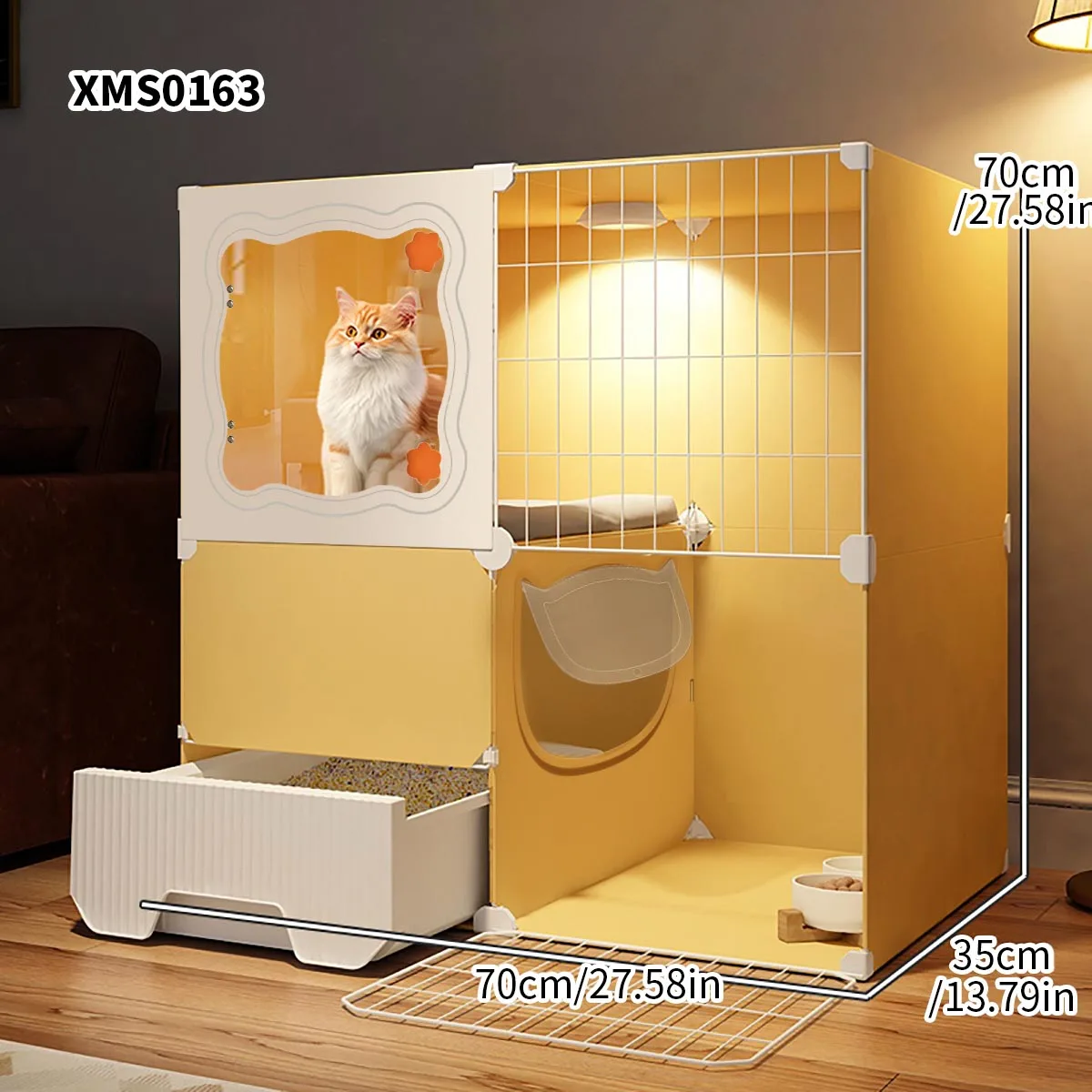 Cat Cage with Drawer-Style Litter Box, Indoor Cat House with Cat Toilet, One Bedroom, One Living Room, One Bathroom, Cat Villa, Empty Cage