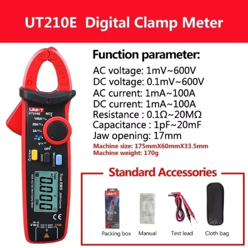 UNI-T UT210E Mini-Zangenmessgerät, Multimeter, digitale Elektrowerkzeuge, DC-AC-Zange, VFC-Kapazität, berührungsloses Multimeter, Zangenmessgerät.