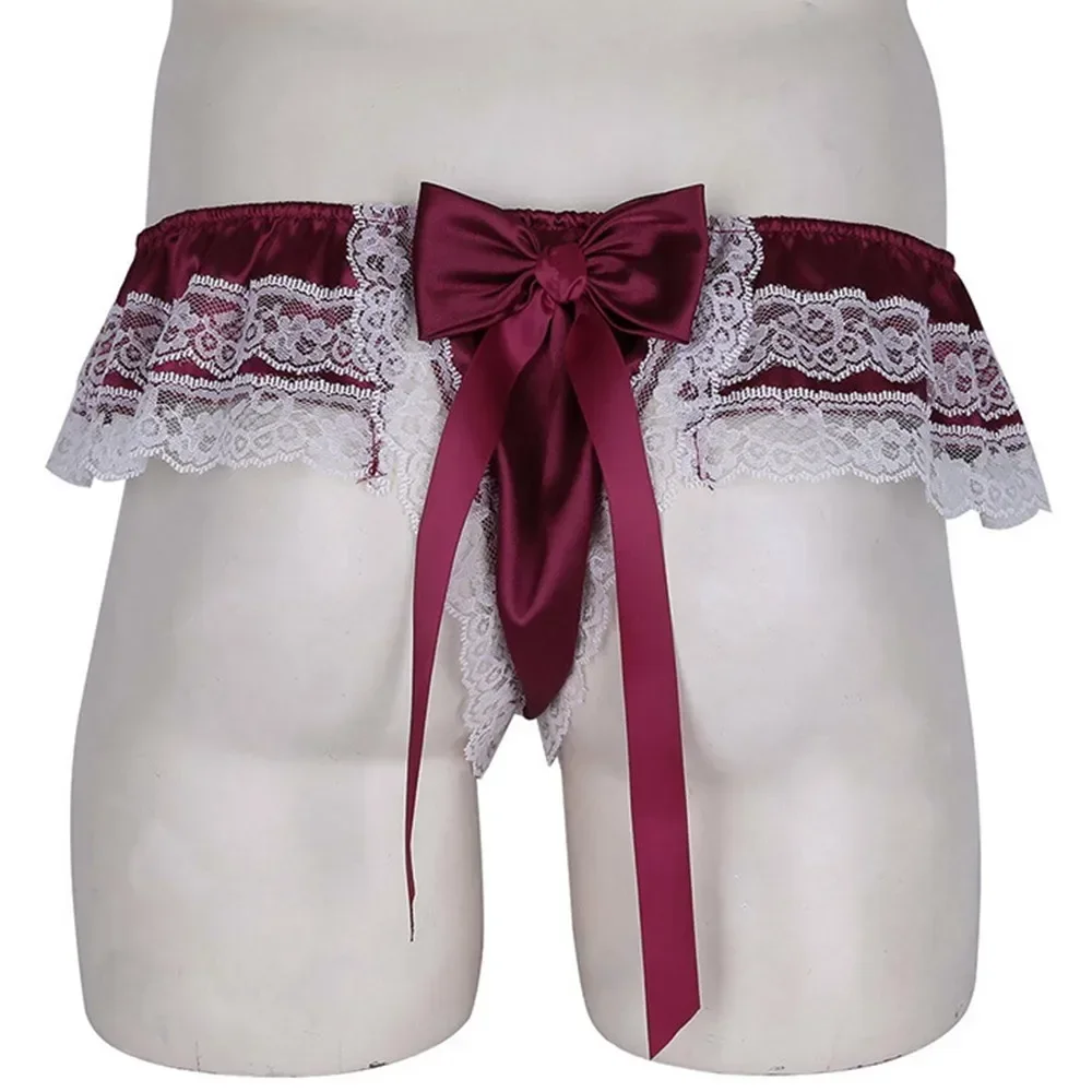 Sexy Sissy Pouch Panties Men Satin Ruffle Briefs Bow Tie Design Men Underwear Gaywear G-String T-Back Thongs Gay Exotic Costumes