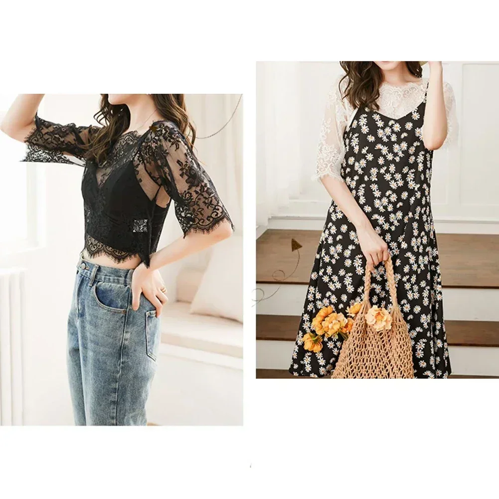 بلوزات نسائية مطرزة بالزهور من الدانتيل ، توبات للسيدات ، بلوزات شبكية مثيرة ، شفافة ، أنيقة ، قميص أسود شفاف ، الصيف