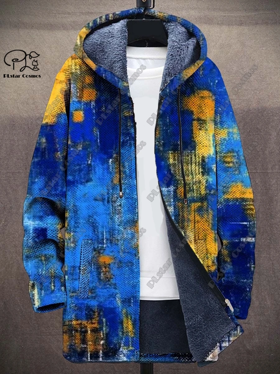 3d Print Retro Serie Kleurrijke Kunst Print Composiet Grijs Fluwelen Capuchon Rits Jack Winter Fluwelen Unisex Warm Jasje X-4