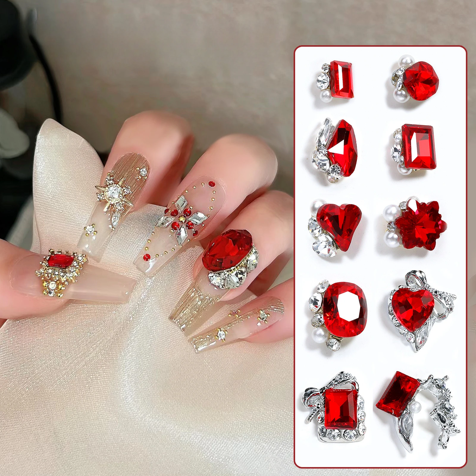 10Pcs Bordeaux Red Rhinestone Nail Decorations with Vintage Heart Design for Christmas Nail Art Accessories