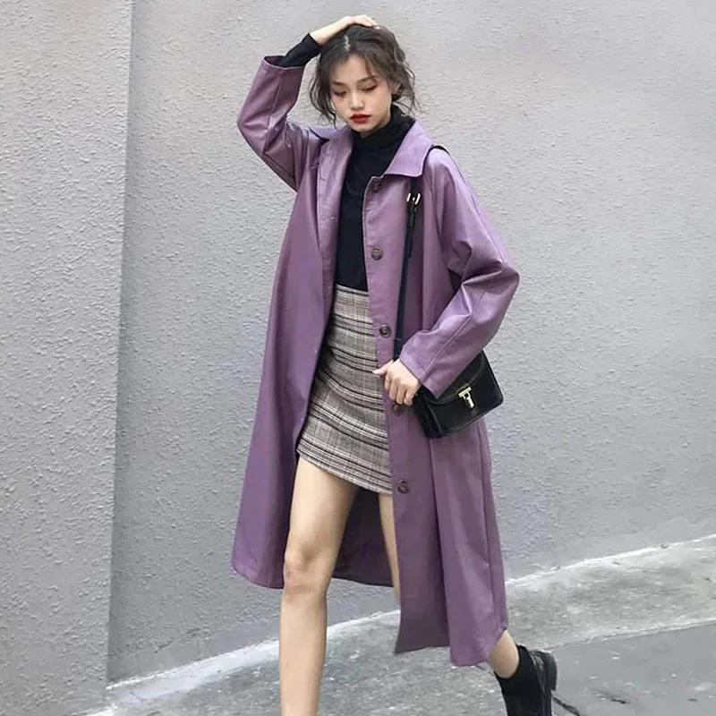 Spring New Women Mid-Length Purple Faux Leather Windbreaker Coat Casual Single-breasted Long Sleeve Female Overcoat Streetwear