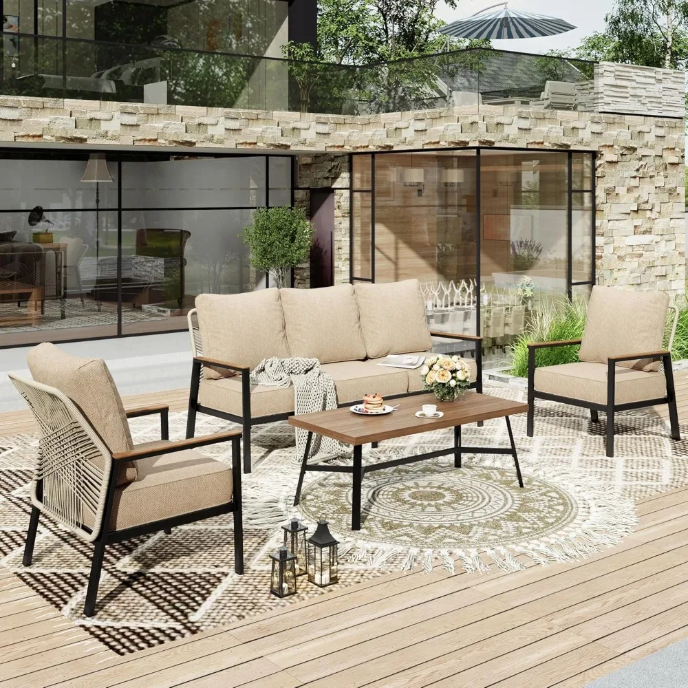 Set di mobili da terrazza per esterni con sedie imbottite con schienale alto, rattan per tutte le stagioni, 5 posti, lounge