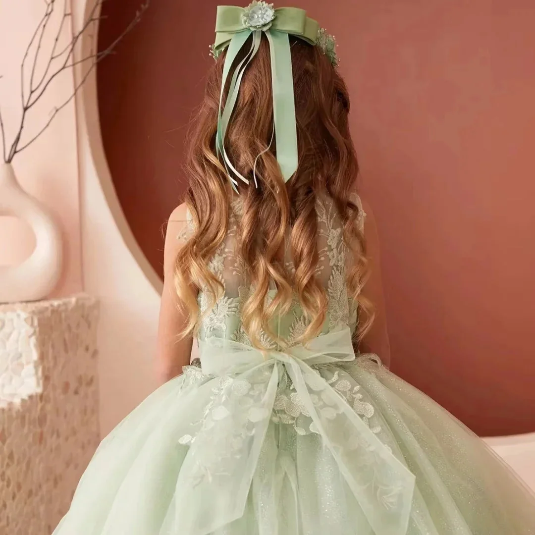 Customized Flower Girl Dress for Wedding Appliques Bow High Waist Floor Length Elegant Kids Birthday First Communion Gown