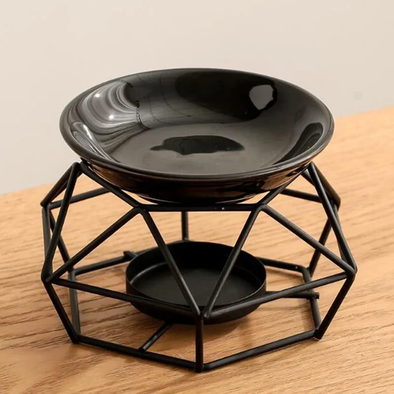 Ceramic Bowl Iron Rack Black Color Polygon Essential Oil Burner Holder Candle Oil Lamp Fragrance Censer Bedroom Use Home Decor